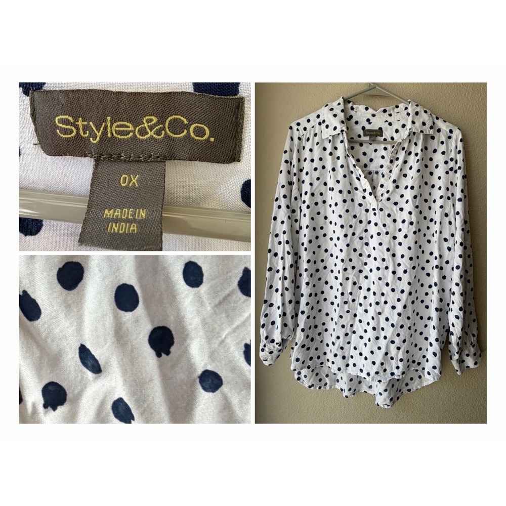 Style & Co Polka Dot Blouse Plus 0X Rayon White Navy Split Neck 2024 Summer